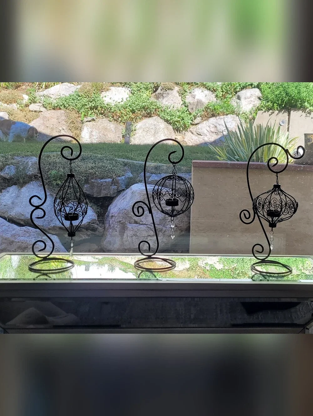 Vintage Tabletop Tealight Candle Lanterns with S Scrolling Design. Wrought Iron